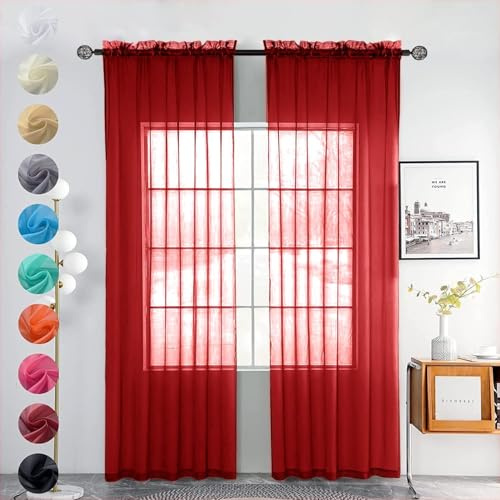 Youleyar Lot de 2 rideaux transparents en voile en polyester avec tringle pour fenêtres à poches, rideaux pour salon, décoration pour chambre à coucher L140 x H145 cm Rouge de Noël