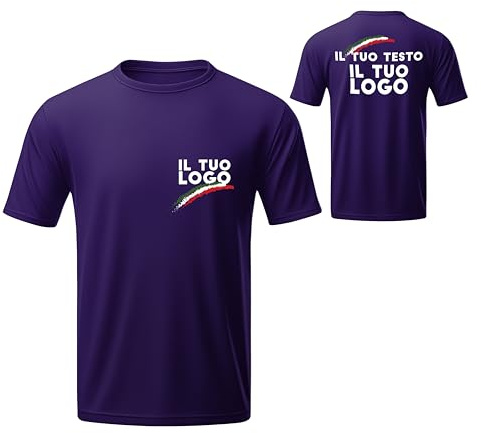 WORLD SELL T-Shirt Uomo/Donna Personalizzata Fronte e Retro – 100% Cotone – Made in Italy – Maglietta Personalizzabile con Testo, Logo o Immagine (IT, Testo, XS, Regular, Regular, Viola)