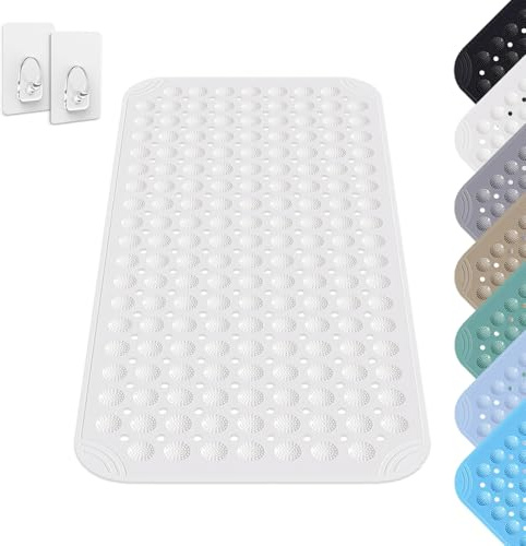 Duschmatte rutschfest 40 x 80 cm, Badematte rutschfest mit Saugnapf, Rutschmatte aus PVC, rutschfeste Massage Matte für Dusche und Sauna, inkl. 2 Haken, Weiß