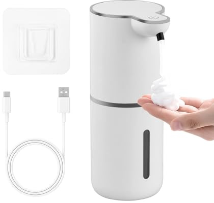Seifenspender Automatisch Berührungslos - 380ml Elektrischer Seifenspender mit Infrarot Sensor, 4 Stufen Einstellbar, IPX5 Wasserdicht, USB-C Wiederaufladbar, Wandmontage für Bad, Küche & Büro, Weiß