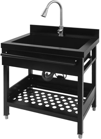 Freistehende Edelstahl Spültisch, Spüle mit Unterschrank, Küchenspüle mit Ausziehbare Wasserhahn, Outdoor Spüle, Waschbecken, Spültisch für Außen, Innen, Küche, Restaurant, Bar (Schwarz)