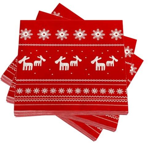 Aoreun Weihnachtsservietten, 60 Stück Servietten Weihnachten mit Rentier Schneeflocken Motiv, 33x33cm Weihnachts Tischdeko Papierservietten, Rot Christmas Napkins Winter Paper Napkins