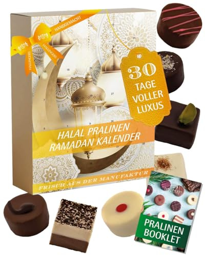 Hallingers Genuss Manufaktur Pralinen Halal Ramadan - ohne Alkohol, handmade aus Edelkakao in wertigem Softfeel-Karton Ramadan - Mubarak, Kareem Maburak für Frauen Männer