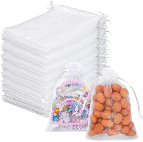 150 Stück Organzasäckchen 10x15cm, Säckchen Zum Befüllen,Geschenksäckchen, Organza Säckchen Für Hochzeit, Geburtstag, Weihnachten (Weiß)