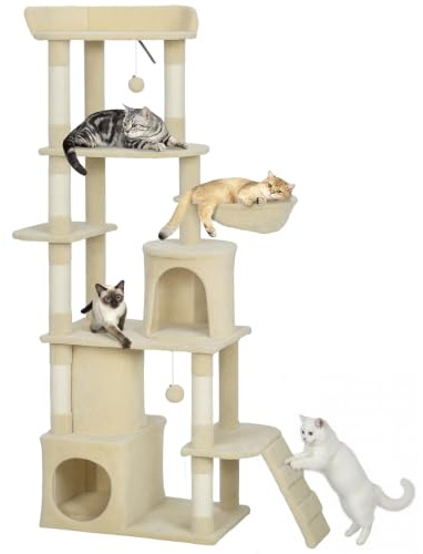 PawHut Árbol Rascador para Gatos Grande Torre de Escalada 170 cm Beige | Árbol para Gatos, 7 Postes, 1 Túnel, 3 Plataformas, 2 Cuevas, 1 Hamaca, 1 Percha, 1 Rampa, Pompones