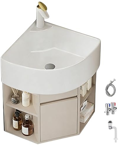 Lavabo Angolare in Ceramica con Mobile Contenitore, Lavandino Bagno a Parete con Rubinetto, Lavabo Triangolare per Bagno, Lavanderia o Soggiorno in Spazi Ridotti(Beige,46.5x58cm/18x23in)