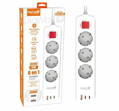 Alargador Regleta De Alta Potencia - Cable de 1.5M - 6 en 1, Potencia máxima 3680 W, 16A - 3 Entradas de Enchufe, 2 Entradas Tipo-C y 1 Entrada USB