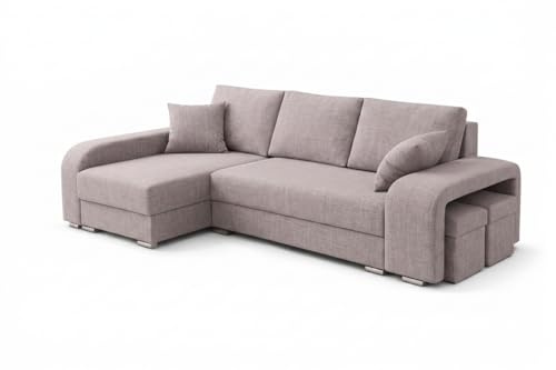 Robin Inspire York Ecksofa mit Schlaffunktion, Links, Hellgrau | L-Form Schlafsofa, 245 cm, 2 Bettkästen, 2 Hocker, Liegefläche 200x165 cm, Golden Bezug, Bonellfederung, Wohnzimmer, Links