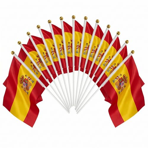 15 Piezas Bandera de España de Mano, 14x21cm Pequeñas Banderas Españolas con Mástil para Eventos Deportivos, Fútbol, Fiestas Nacionales y Decoración, Poliéster Resistente y Colores Vivos