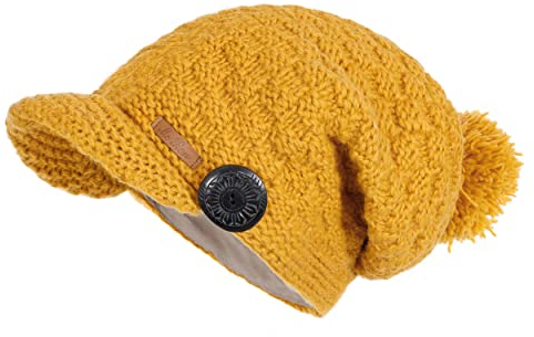 McRon Damen Gefütterte Beanie Wollmütze mit Bommel Mika Senf 4313