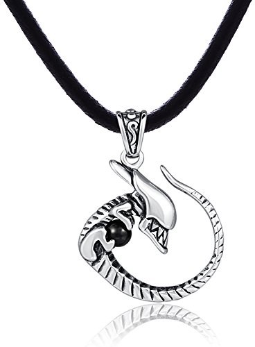 DonDon Herren Halskette Leder 50 cm und Alien Anhänger aus Edelstahl mit schwarzem Stein in einem Samtbeutel