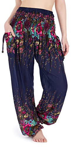 Lannaclothesdesign Women's Smocked Waist Paisley Print Rayon Yoga Harem Pants, Dark Blue, 12 / 16