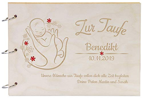 LAUBLUST Fotoalbum Baby personalisiert mit Gravur - Gästebuch für Babyparty aus Holz - Blumen-Baby | natur, A4 Format - Erinnerungsbuch zum Selbstge | Geschenk zur Geburt & Taufe