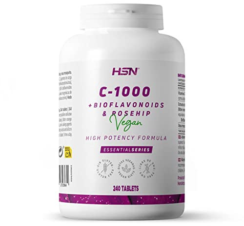 Vitamina C 1000mg de HSN | 240 Tabletas de 1 gramo de Pura Vitamina C Vegana con Bioflavonoides Cítricos + Rosa Mosqueta | Fórmula de Alta Potencia | Suministro 8 Meses | No-GMO, Vegano, Sin Gluten