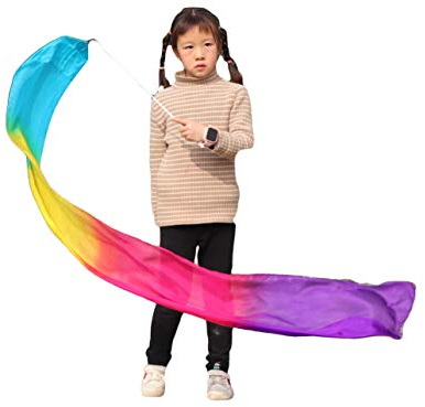 Winged Sirenny Echte Seide Tanzband mit Stab Kinder, Leicht Fließend Seidenstreamer Spielseide Tanzzubehör Klein (180cm türkis-gelb-rosa-lila)