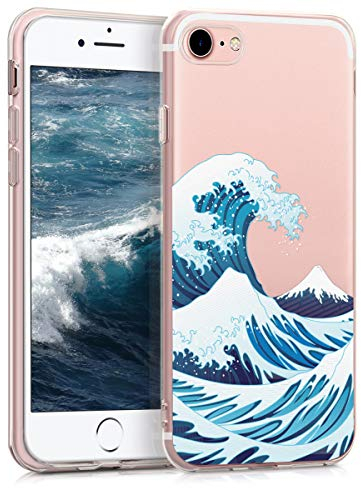 kwmobile Carcasa Compatible con Apple iPhone SE (2022/2020) / 8/7 - Funda Silicona TPU Ola Japonesa Azul/Blanco/Transparente