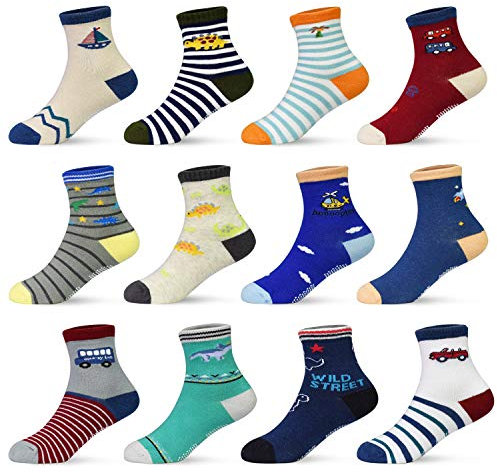 HYCLES Calzini Antiscivolo Bambino Bambina per 5-7 Jahre - Calze Antiscivolo Bambino Neonato 0-6-9-12-18-24 Mesi Cotone 04 Dinosaurier (12 Paare)