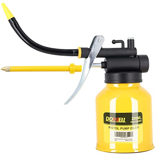 DOWELL Pistol Pump Oiler Metal Oil Can Lubrication Oil Gun 6.8oz 200ml Can Bottle with Straight Flexible Spout Yellow HY050203
