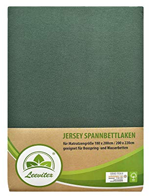 leevitex® Premium Spannbettlaken 180x200-200x220 cm - 40 cm Steg - auch für Boxspringbett & Wasserbett | 100% Mako-Jersey-Baumwolle | ÖKO-TEX | 170g/m² | Dunkelgrün/Tannengrün