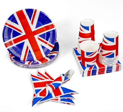 46pcs Union Jack Party Set - Napkins/Cups/Plates/Table Cover - VE Day 80th Anniversary Decorations - UK Flag Disposables -Tableware Party Supplies - Great Britain Street Events