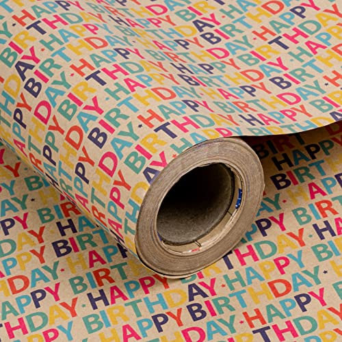 RUSPEPA Rouleau De Papier D'Emballage Kraft - Motif Joyeux Anniversaire - 61 cm X 30,5 m