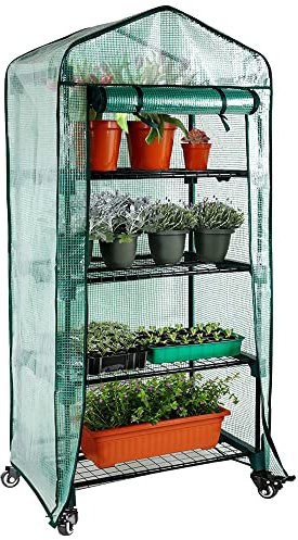 Worth Garden 4 Tier Mini Greenhouse with Castors Wheels - Portable Small Gardening Green House with PE Cover - Upgraded Heavy Duty Swivel Castors with Brake - 64''H x 27''L x 19''W Indoor & Outdoor