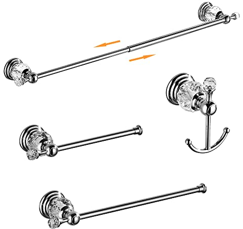 Kristall-Badezimmer-Hardware-Set, Verstellbarer Handtuchhalter, Toilettenpapierhalter, Handtuchhalter, Haken, goldenes Badezimmer-Zubehör-Set, Wandmontage (helles Chrom)