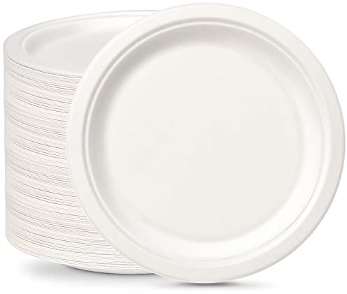 greensight Rigid Disposable Paper White Plates 100 Pack 9 inch - Eco-Friendly, Sugarcane Strong Plates Heavy Duty Biodegradable and Compostable Dishes for BBQ Party Picnic