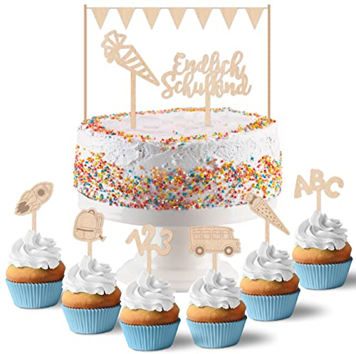 Papierdrachen Cake Topper aus Holz- Kuchendekoration Kuchen Topper 15-teilig - Decor Pics für Einschulungskuchen - Einschulungsfeier Tortendeko - Set 1