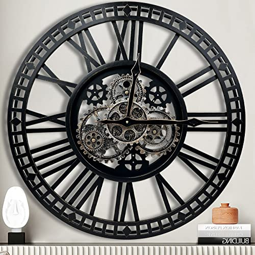 DORBOKER Large Wall Clock Moving Gears Oversized Industrial Steampunk Decorative Retro Roman Numerals Skeleton Silent Wall Clocks for Living Room Kitchen Office (Black Gold 60cm/24inch)