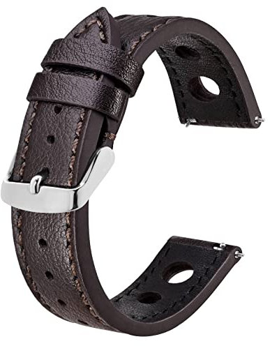 BISONSTRAP Rally Uhrenarmband 22mm, Uhrenarmbänder aus Leder für Herren, Schwarzer Kaffee mit Silberne Schnalle