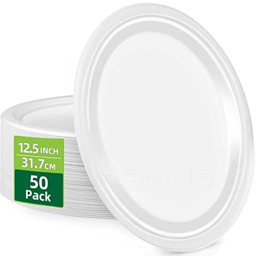 HOMURG Plato de papel desechable ovalado de 12.5 pulgadas, color blanco, platos grandes de forma ovalada, compostable, rígida, vajilla de Navidad o fiesta de cumpleaños, día festivo, picnics,