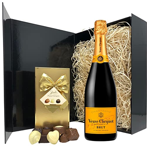 Veuve Clicquot Champagne & Chocolate Gift Set – Yellow Label Brut 75cl with Belgian Chocolates in Black Hamper Box – Luxury Gift for Her, Him or Couples
