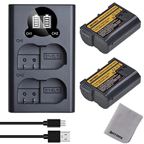 Batmax 2Pcs EN-EL15 EN-EL15A EN EL15B EN-EL15C Battery and Charger with Type c port Compatible with Nikon Z5, Z6, Z7, Z7II, 1 V1, D800, D810, D850, D7500, D7200, D7100, D7000, D610, D600, D500