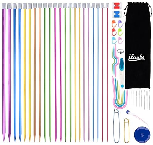 ilauke Set di ferri da maglia, 56 pezzi, 35 cm, 11 paia di ferri da maglia a punta singola in acciaio inox da 2 mm-8 mm, kit per lavori a maglia per principianti, con accessori per maglieria