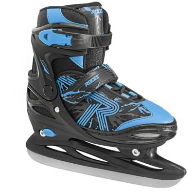 Roces Kid's Children Adjustable Stainless Steel Hockey Blade Jokey Ice 3.0 Boy Ice Skates w/Laces, Power Strap & Microadjustable Buckle Closure, Black/Blue, 10JR-12JR