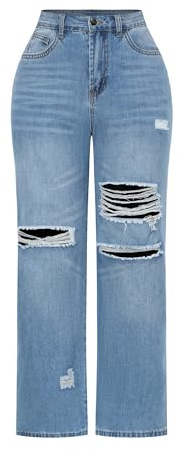 THUNDER STAR Womens High Waisted Wide Leg Jeans Stretchy Distressed Denim Pants Light Blue XL