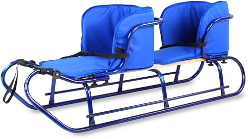 Schlitten für Zwei Kinder, 2in1 Kinder Duo Schlitten, Metall mit Rückenlehnen und bequemen Matratzen, Fußstützen