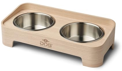 DOG Copenhagen Skagen Food Bar - Raised Dog Food and Water Bowl Set with Stand - Dishwasher Safe - Non Slip - Stainless Steel bowls and wood base, M, Oak