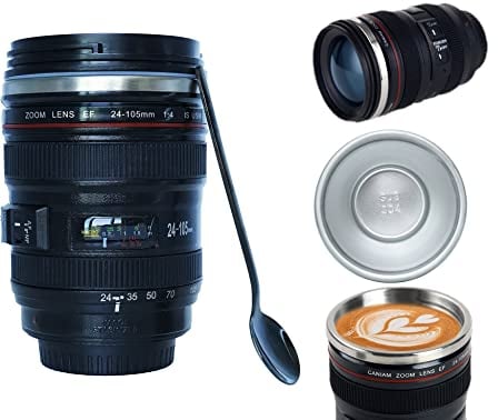 PhantAccy Camera Lens Coffee Mug - Leakproof 13.5oz SUS-304 Stainless Steel Travel Mug with Spoon, BPA-Free, Lid for Tea/Water/Coffee and More (Black)