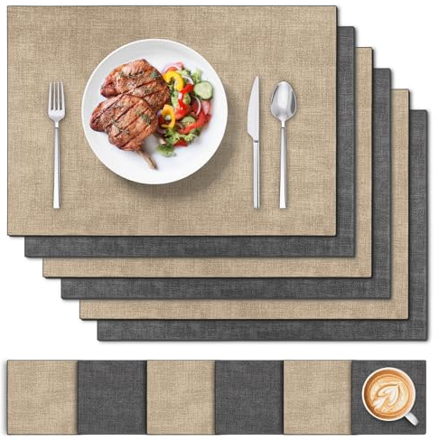 Tischsets Abwaschbar Leder und Untersetzer 6 Set, Doppelseitigen Platzset Abwaschbar und Wasserdicht Platzdeckchen Leder Kunstleder Tischset Lederoptik Platzset (Apricot Schwarz)