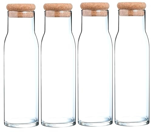 Migros Cucina & Tavola Carafe en Verre avec bouchon en liège pour eau, jus et lait - 1000 ml - Lot de 4