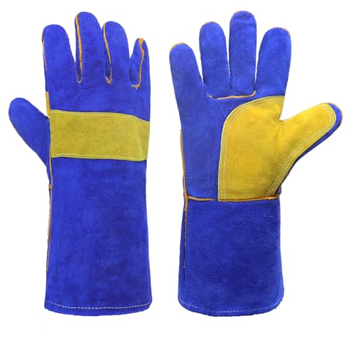 HANDLANDY 14 Inches Animal Handling Gloves, Bite Proof Cat Gloves, Ideal for Rose Pruning, Gardening, Falconry, Pet Grooming (Blue, One Size)