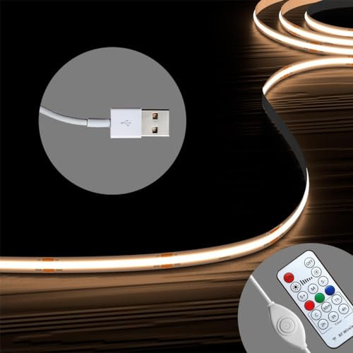 HOMINA COB LED Strip Lights with Dimmer Remote and 1Key Switch, USB 2M/6.6FT Ultra Bright 3000K, 90+ CRI LED Tape Lights, Rope Lights for Bedroom, Cabinet, Kitchen TV Backlight