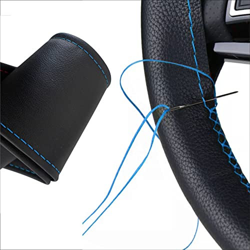 Generisch Lenkradbezug Pu Leder, Auto Lenkradhülle zum schnüren Nähen mit Nadel und Faden rutschfest und weich UNIVERSALGRÖSSE 37-39 cm M1 Schwarz Hellblaues Naht