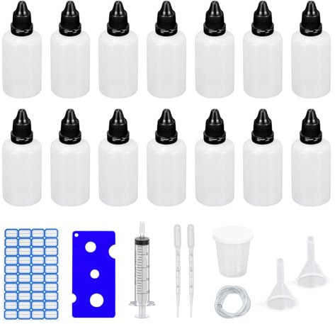 Dondeen 14 Stück Tropfflasche 50ml,Plastikflaschen Reiseflasche Quetschflaschen LiquidFlaschen,Trichter Messbecher Etiketten Transfer Pipette Spritzen für Liquids (50ml)