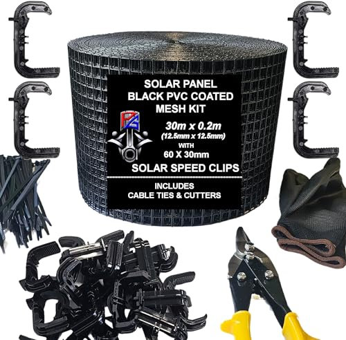 PG Bird Proofing Mesh Kit & 60 30mm SPEED Clips For Control & Prevention of Pigeons Nesting Under Roof Solar Panels Cable Ties Gloves Clippers (Black PVC 30m)