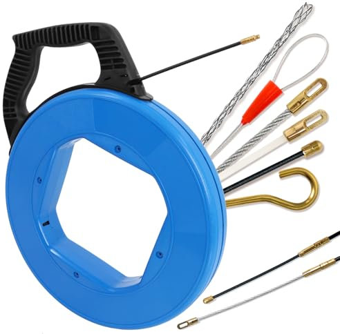 Gekufa Kabeleinziehhilfe 30m, 4mm, Einziehspirale mit 6 Adapter, Zugdraht mit Kunststoffgehäuse und Handgriff, Einziehfeder für die Kabelverlegung(Blau)