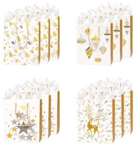 12Pack Medium Christmas Gift Bags with Tissue Paper,Gold,18X23X10CM | 4 Assorted Designs Paper Bags for Men Women Presents Wrap