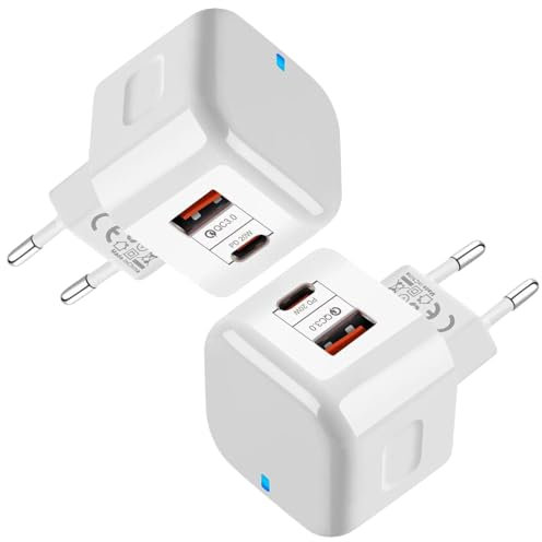 Powice 2X 20W USB C Ladegerät,PD+QC 3.0 2-Port USB Ladegerät Mit Ladekontrollleuchte,Ladegerät USB C Mit einem USB und einem USBC Anschluss,Netzteil für iPhone 16/15/14/13 12 11 SE XS XR 8 7, Weiß